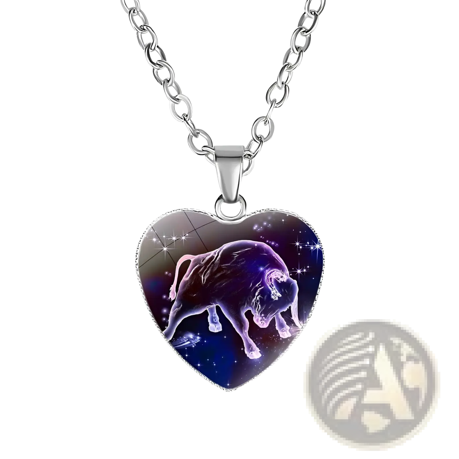 Silver heart-shaped pendant necklace with vibrant purple and blue cosmic design featuring taurus bull illustration