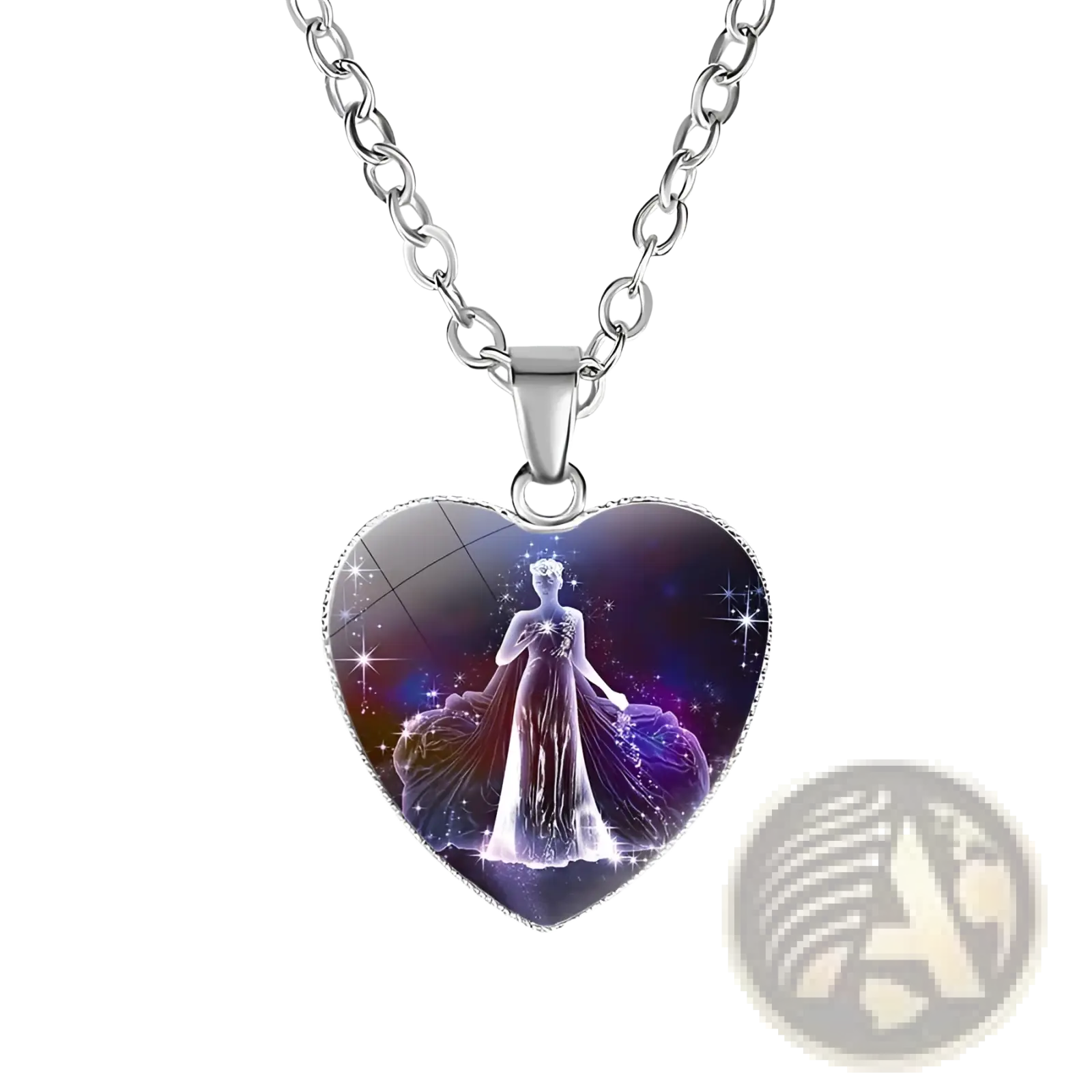 Silver heart-shaped zodiac celestial pendant necklace with glowing ethereal figure against cosmic purple blue background