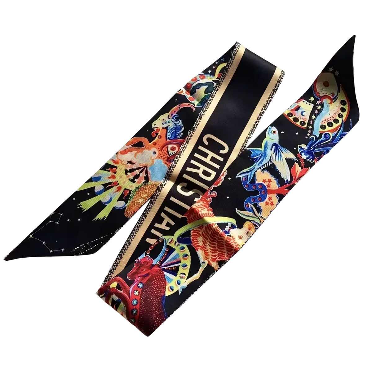 Black satin zodiac silk hair scarf with vibrant colorful illustrations and gold christian lettering luxury designer ribbon