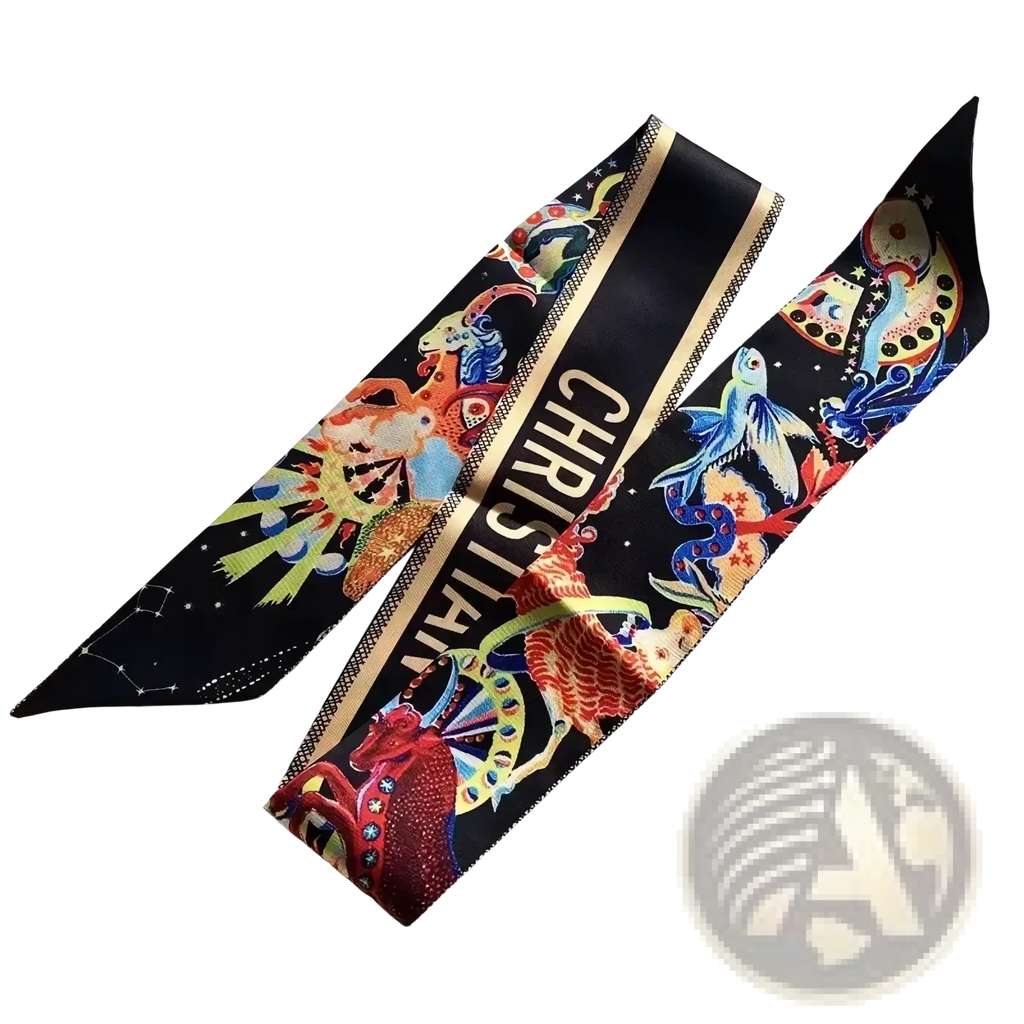 Black satin zodiac silk hair scarf with vibrant colorful illustrations and gold christian lettering luxury designer ribbon
