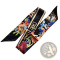 Black satin zodiac silk hair scarf with vibrant colorful illustrations and gold christian lettering luxury designer ribbon