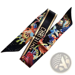 Black satin zodiac silk hair scarf with vibrant colorful illustrations and gold christian lettering luxury designer ribbon