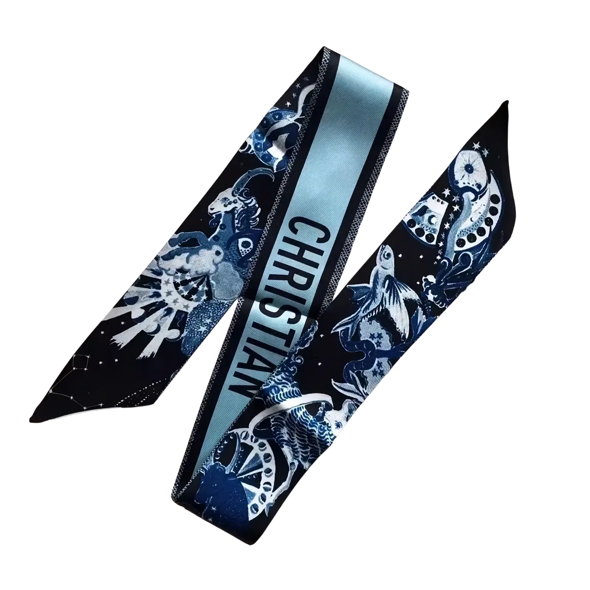 A navy and light blue printed silk Zodiac luxury scarf with celestial motifs and bold Christian lettering