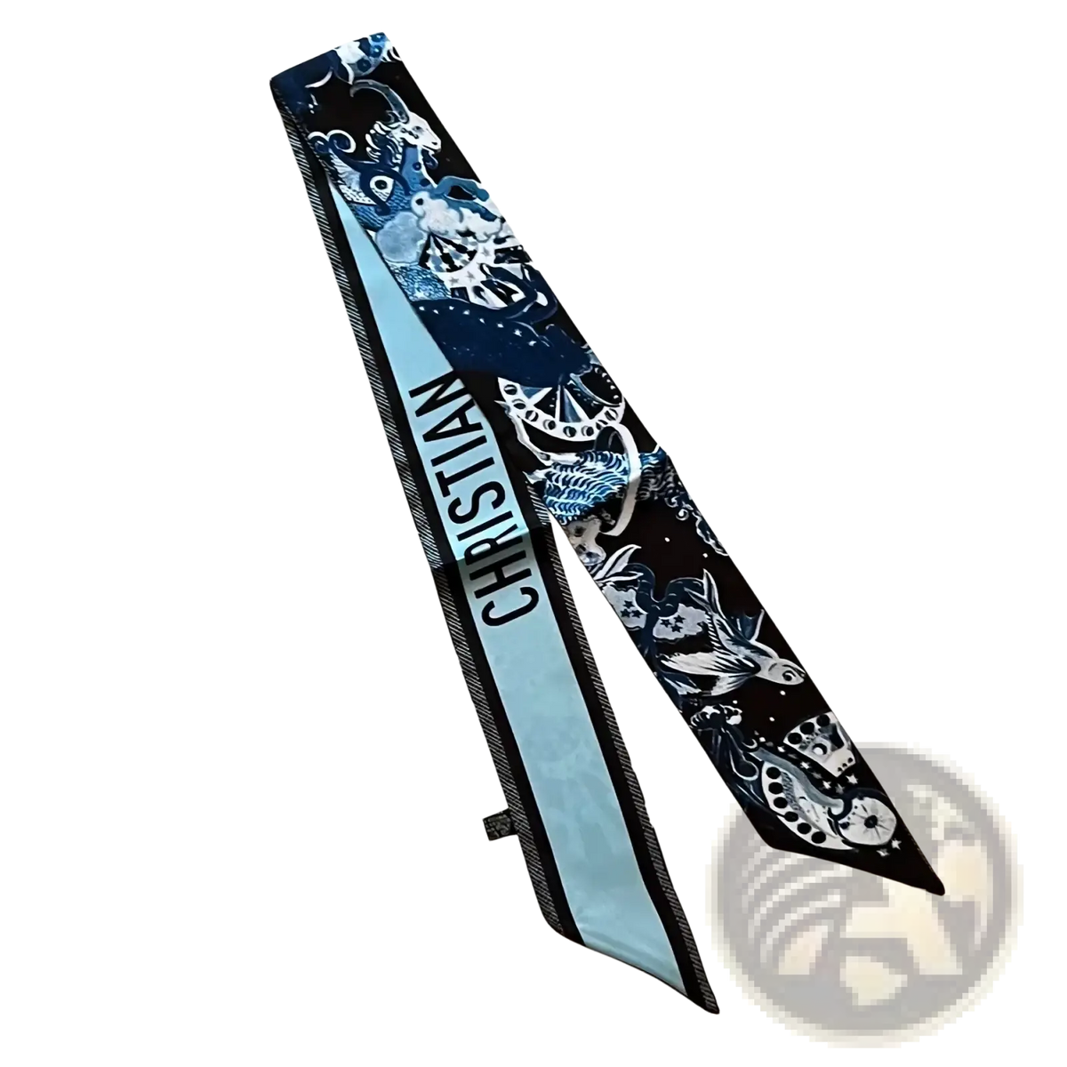 A navy and light blue silk zodiac hair scarf with white and black marine pattern and christian lettering on edge