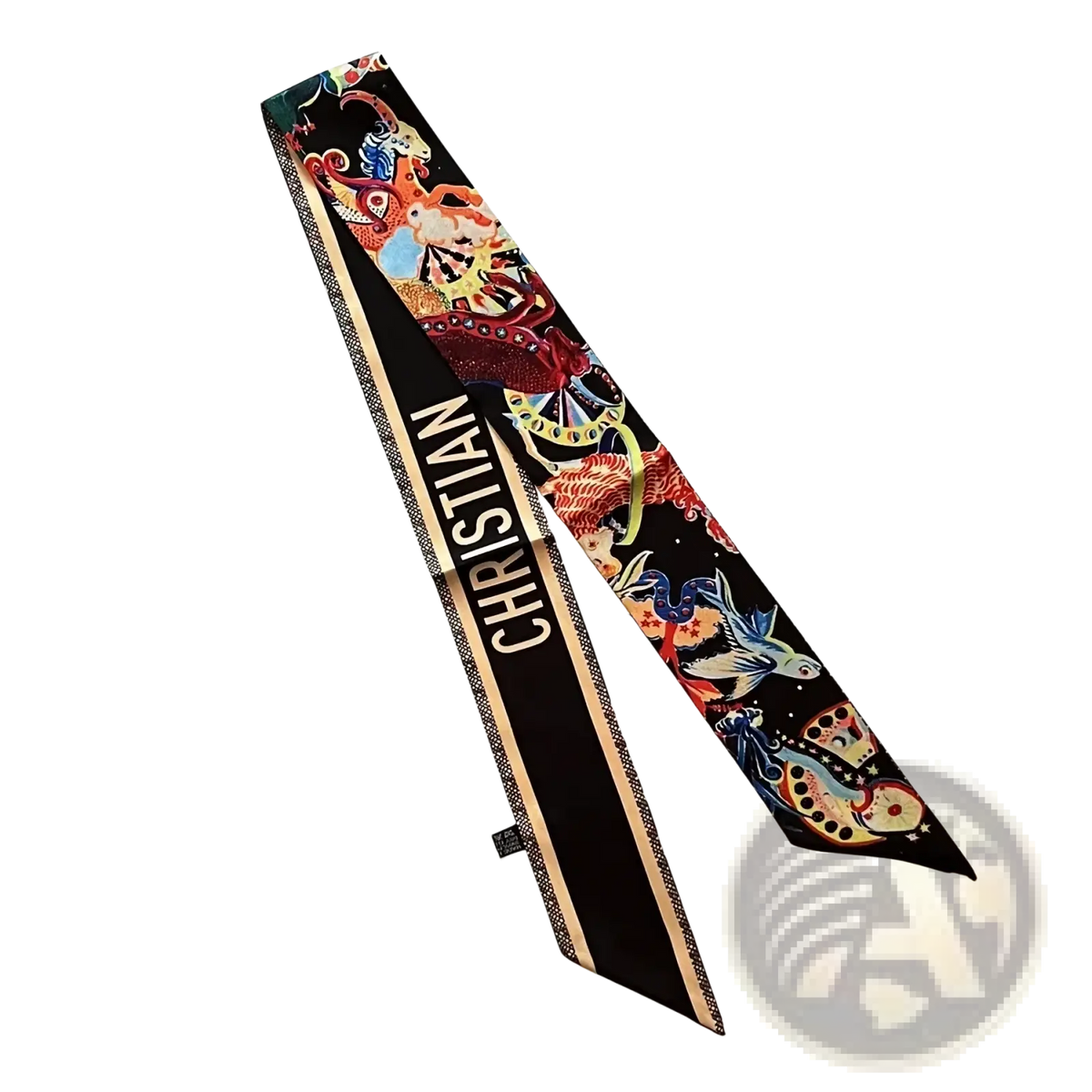 A vibrant black silk zodiac hair scarf with colorful mythical creatures and bold white christian lettering