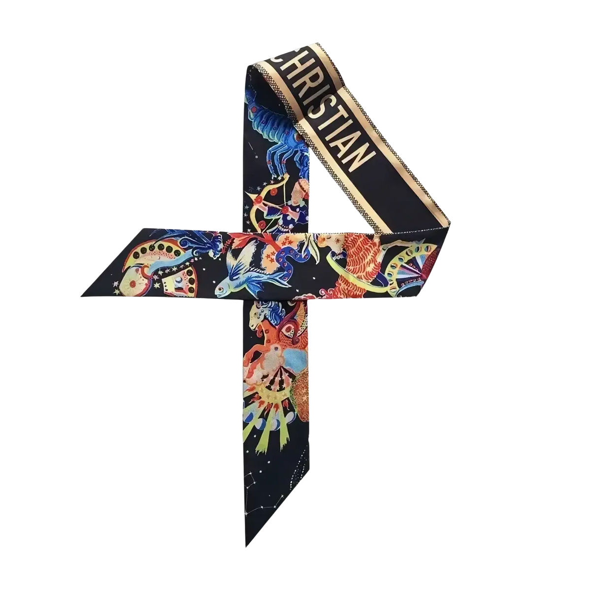 A luxury designer christian dior silk hair scarf with a cosmic zodiac pattern and gold-trimmed edges for bag ribbon use
