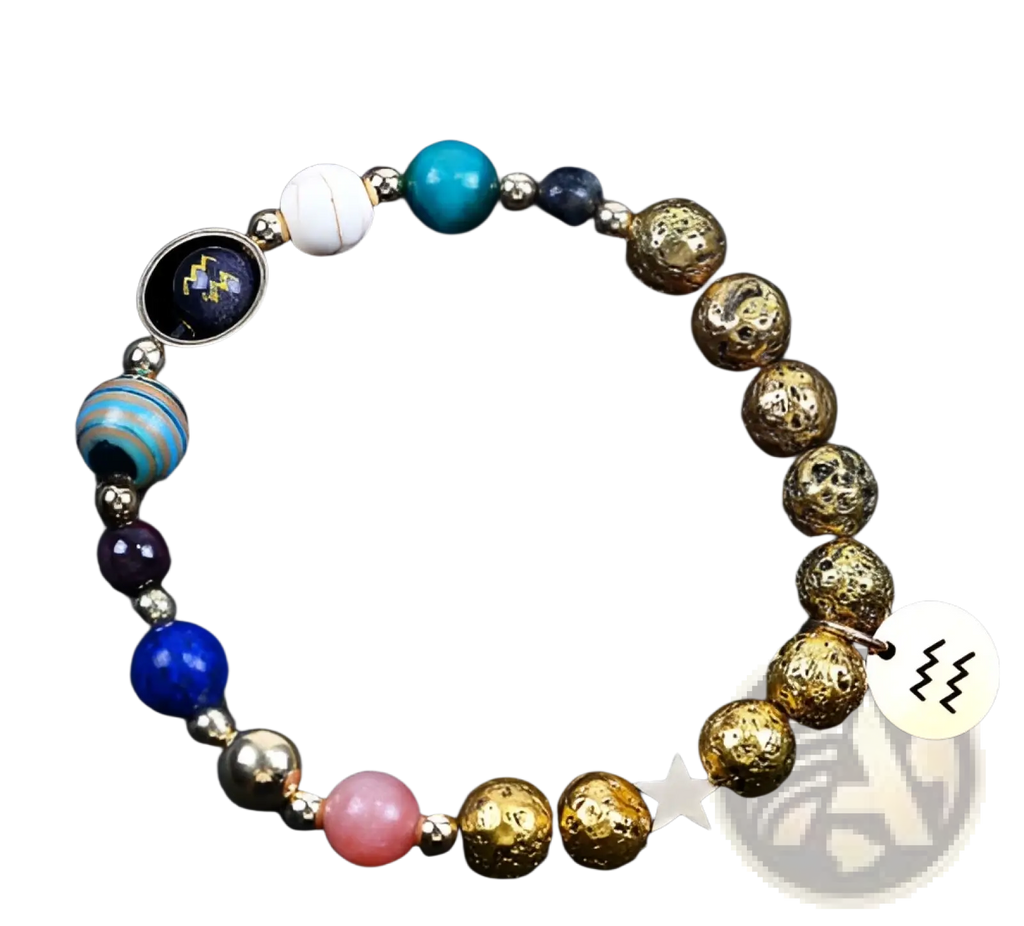 Zodiac volcanic stone beaded bracelet with gold charms featuring turquoise, pink stones, lapis lazuli, and silver star charm