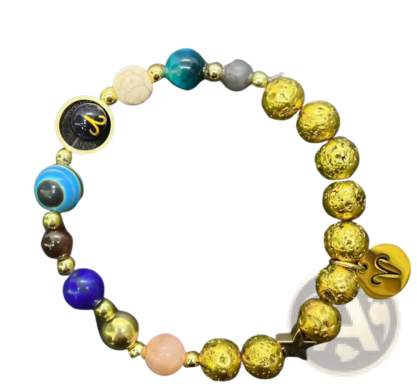 Zodiac volcanic stone beaded bracelet with gold-toned spheres, vibrant blue and purple gemstones, peach bead, and astrological charms