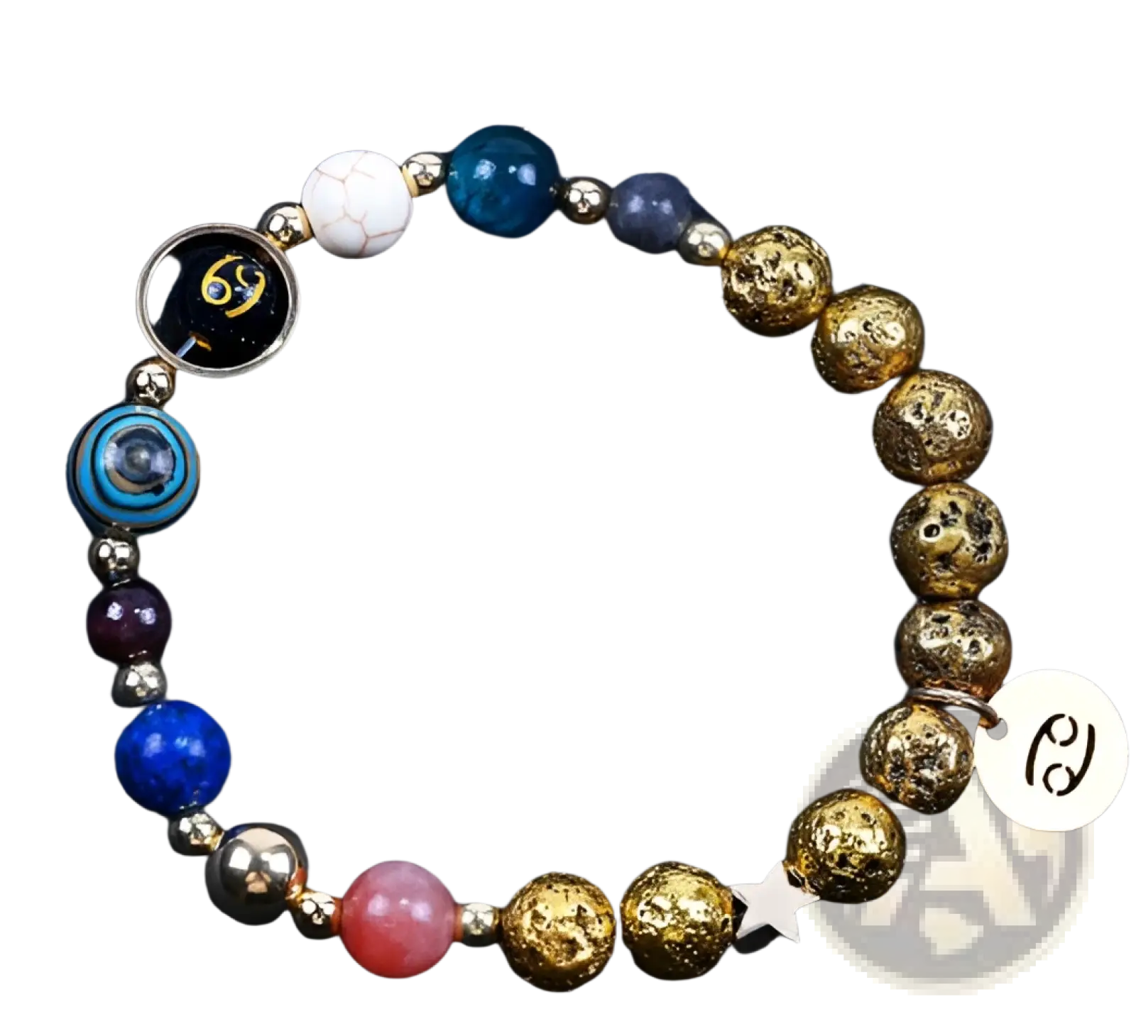 Zodiac volcanic stone beaded bracelet with gold charms featuring colorful beads including lava rock and gemstones