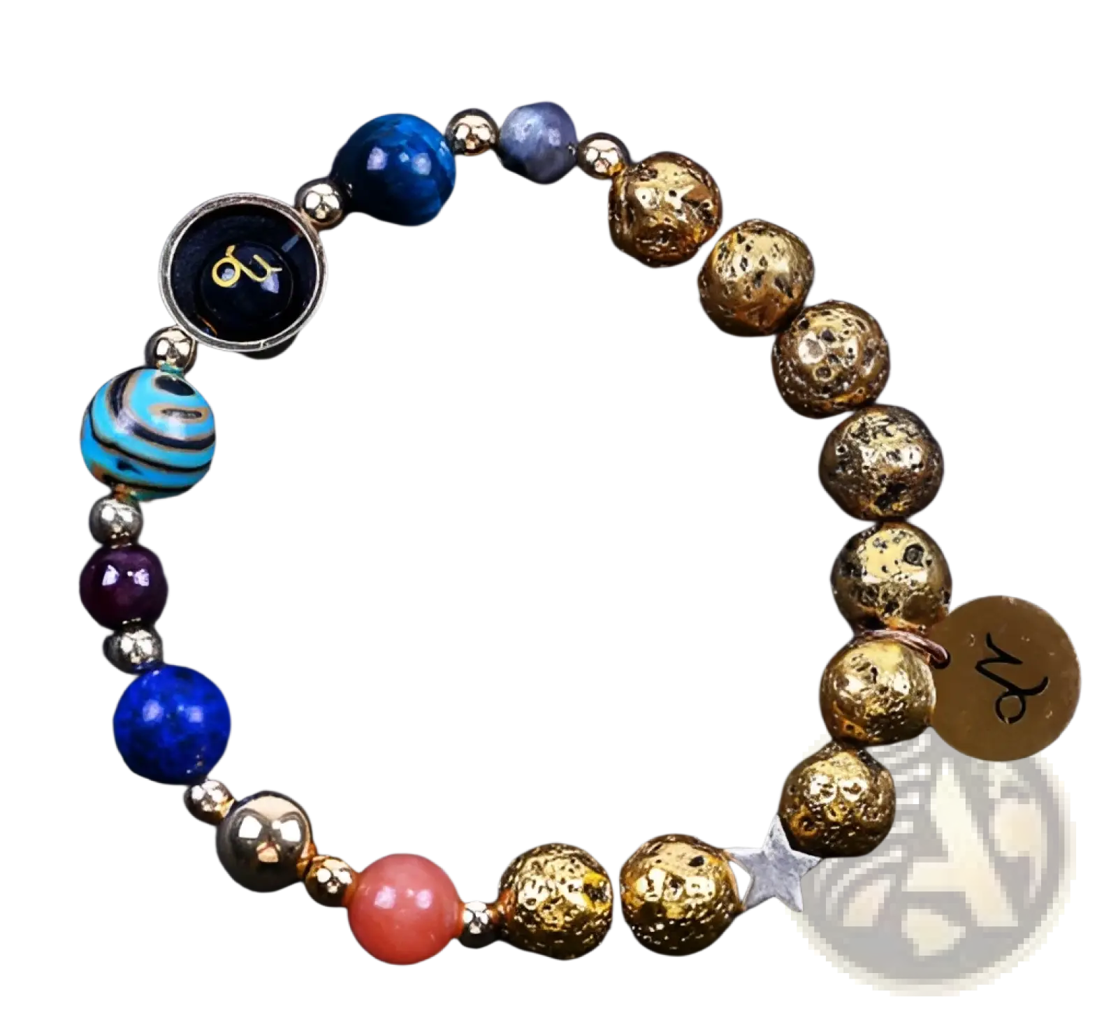 Zodiac volcanic stone beaded bracelet with gold-toned spheres blue and coral beads star and zodiac metallic charms