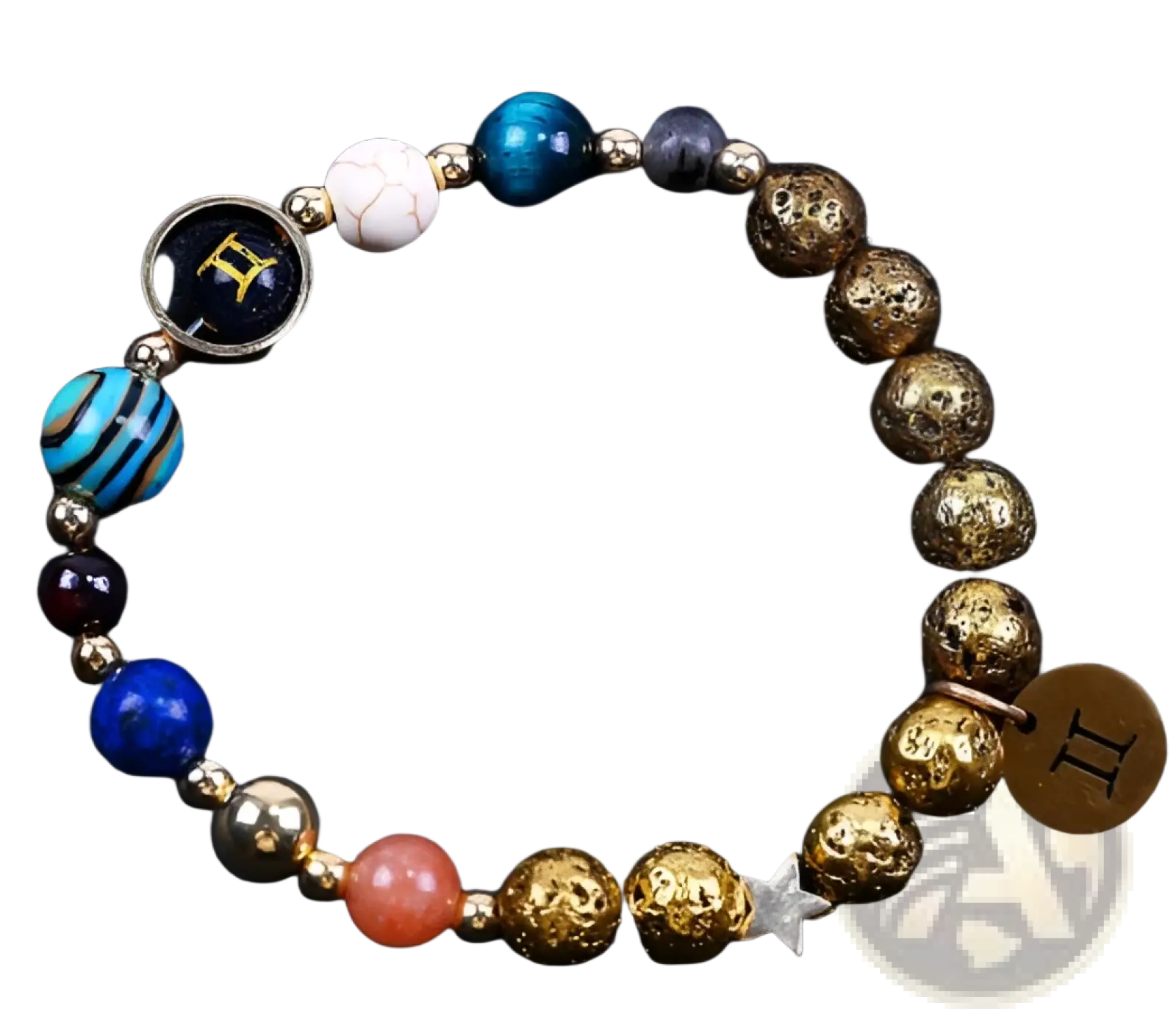Zodiac volcanic stone beaded bracelet with gold charms featuring multicolor stones and gold-toned lava rock beads