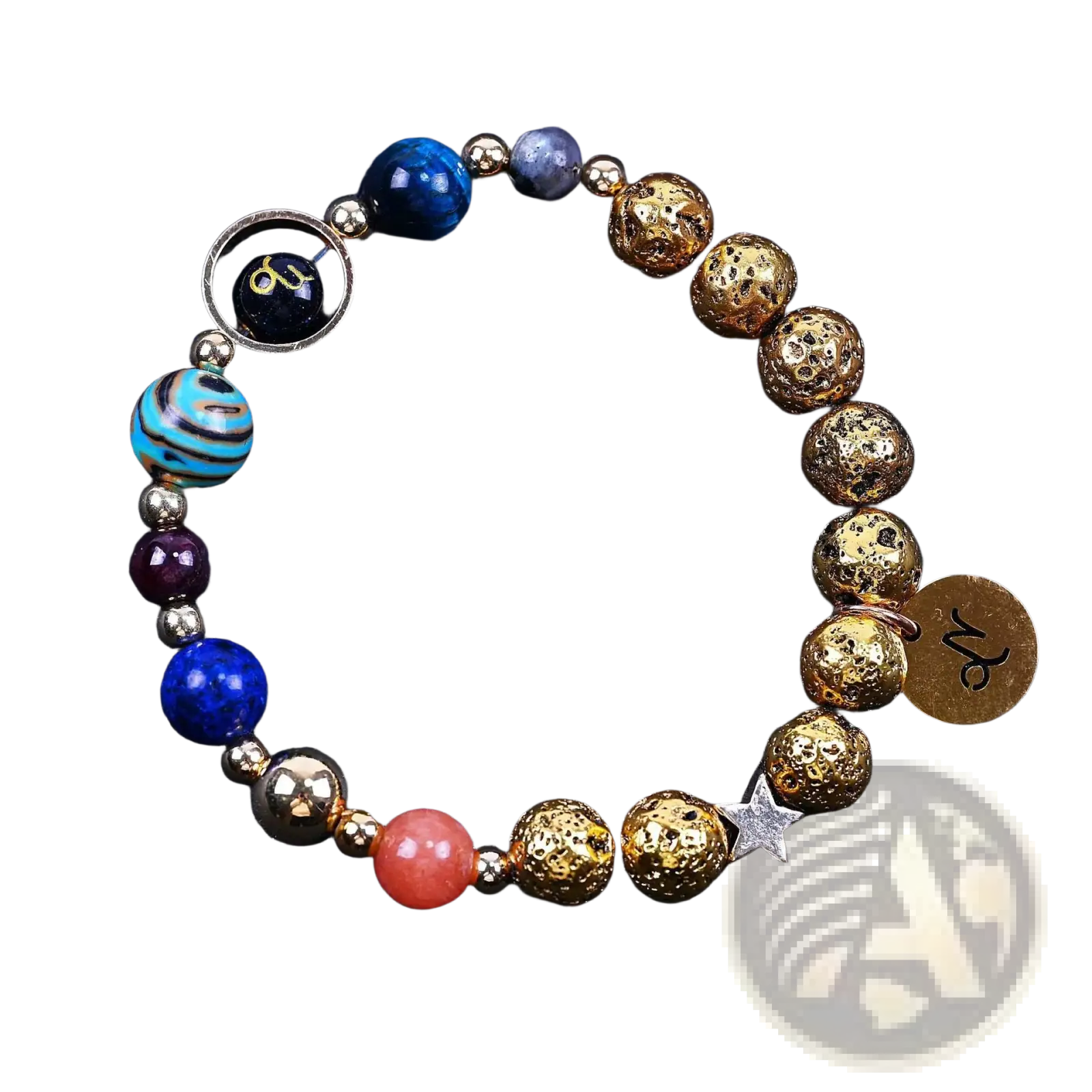 Zodiac volcanic stone beaded bracelet with gold lava rock beads, blue turquoise stones, coral beads, and silver charms