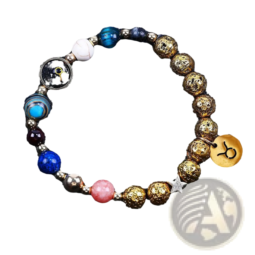 Zodiac volcanic stone beaded bracelet with gold-toned textured beads, blue and pink stones, silver star charm, and zodiac pendant