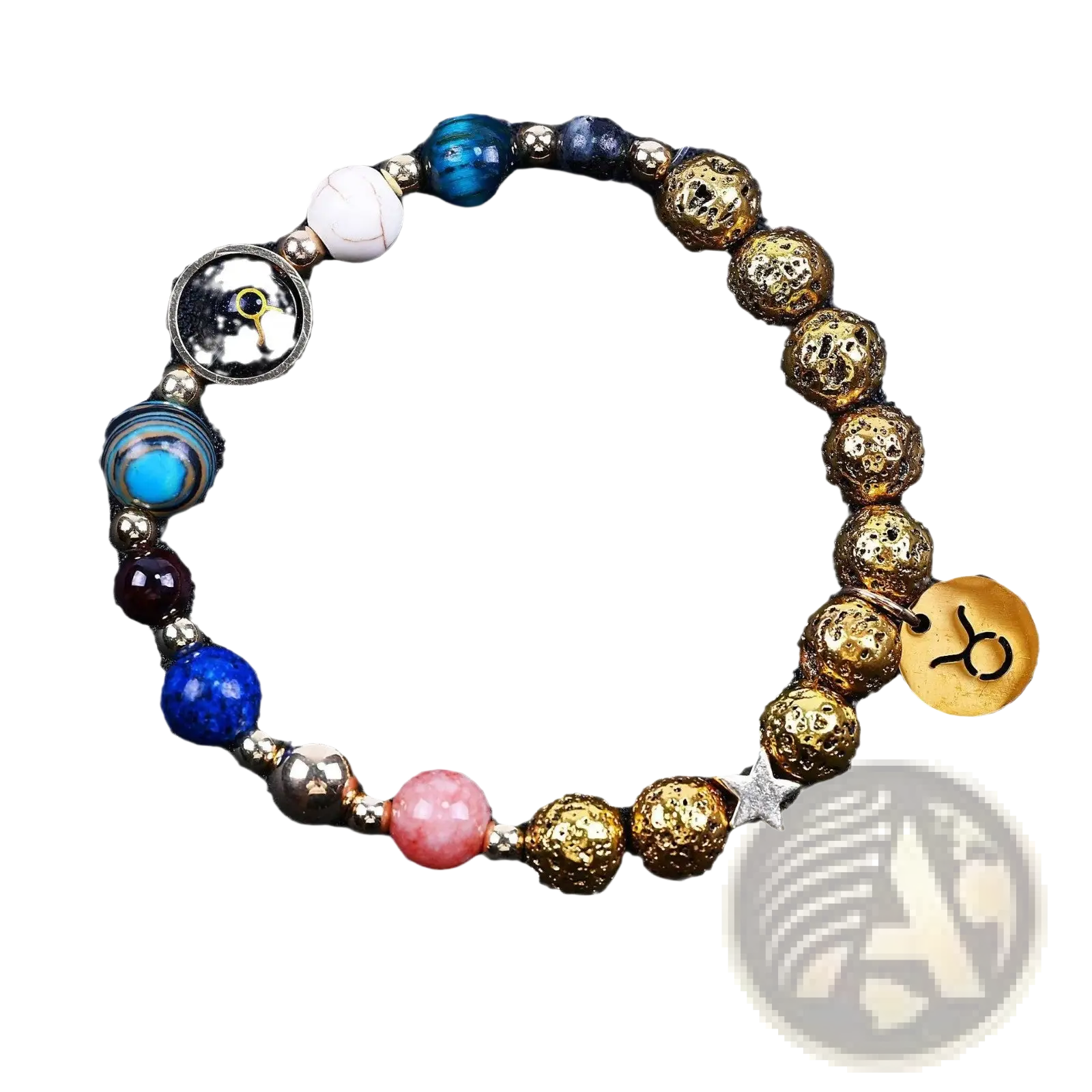 Zodiac volcanic stone beaded bracelet with gold-toned textured beads, blue and pink stones, silver star charm, and zodiac pendant