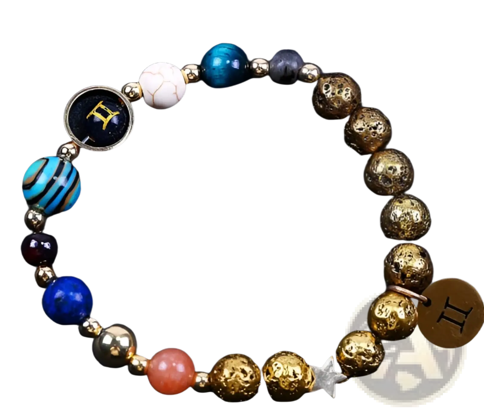 Zodiac volcanic stone beaded bracelet with gold charms features textured gold beads and colorful glass stones with astrological symbols