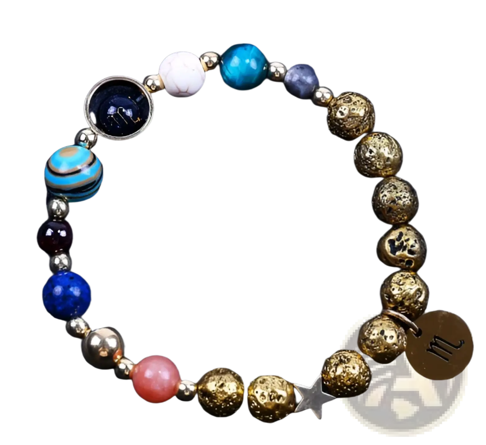 Zodiac volcanic stone beaded bracelet with colorful turquoise, gold-toned textured beads and silver star and zodiac charms