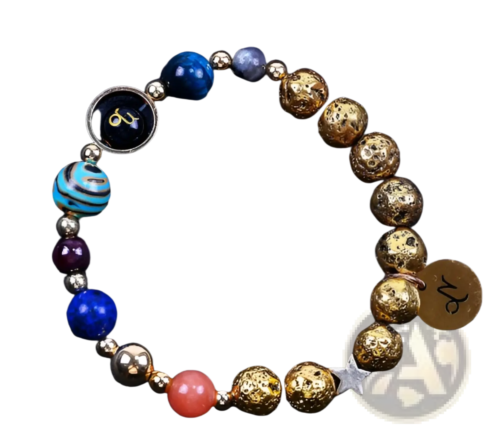 Zodiac volcanic stone beaded bracelet with gold charms featuring vibrant blue purple coral silver beads and textured spheres
