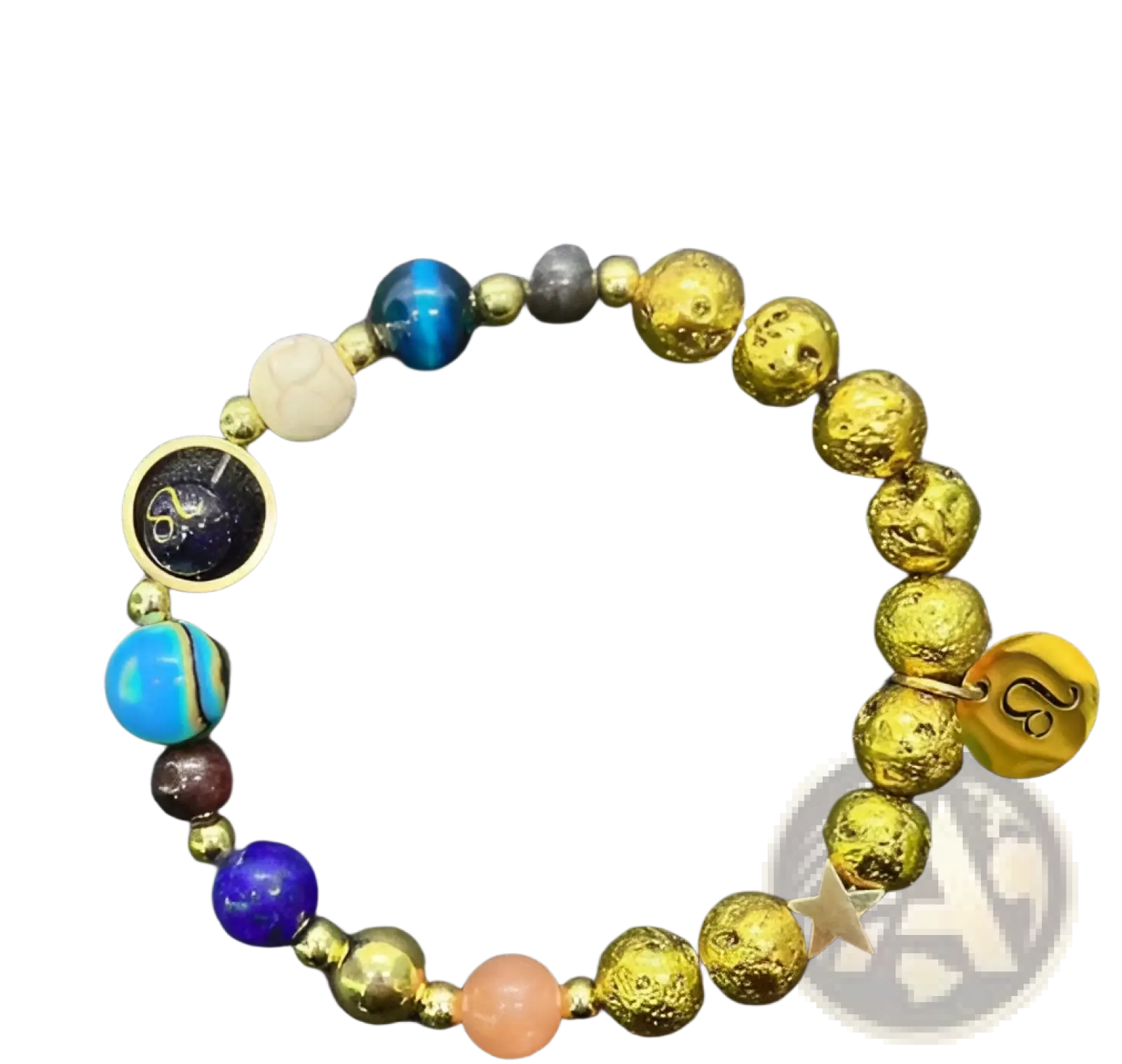 Zodiac volcanic stone beaded bracelet with gold-toned lava beads blue and purple gemstones star and astrological charms