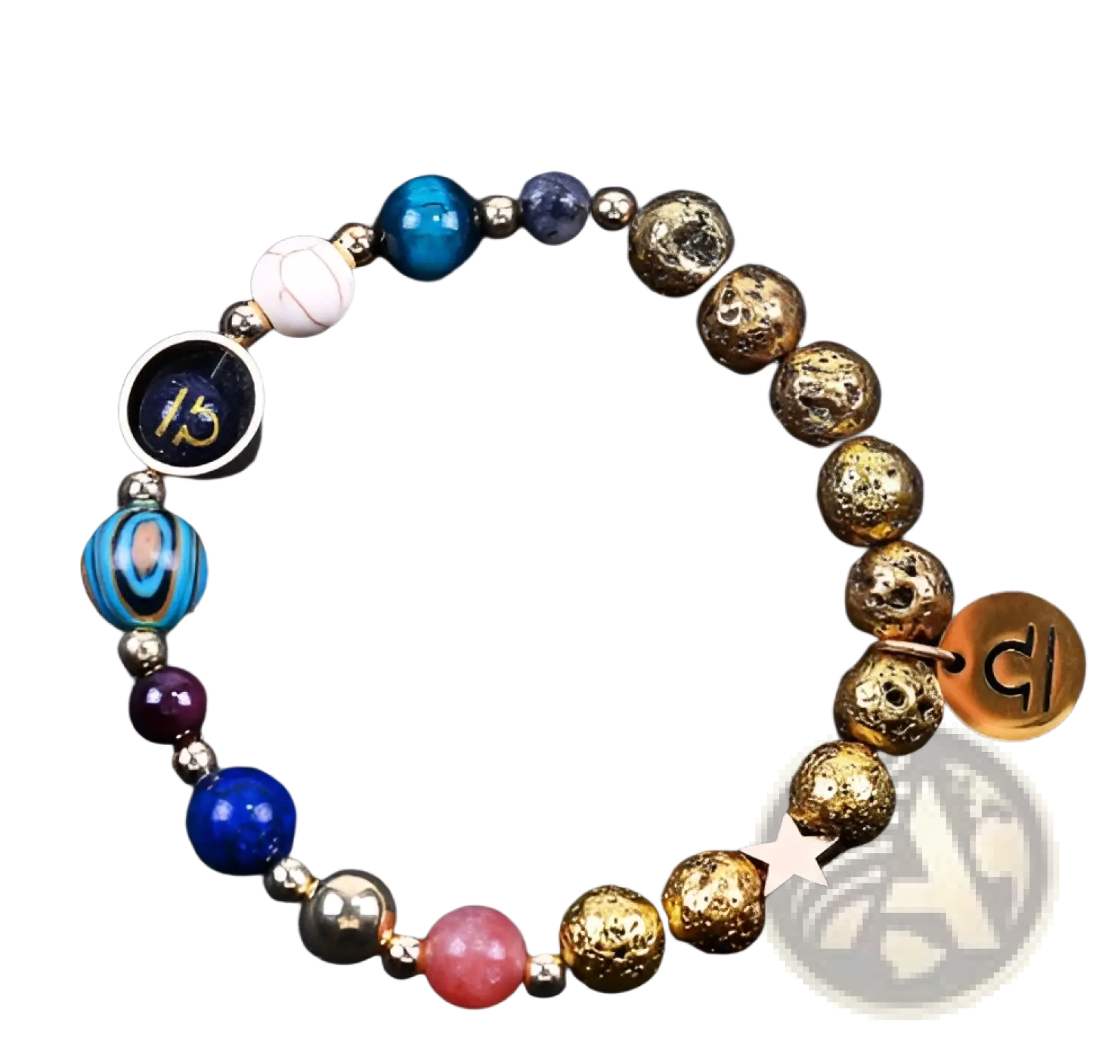 Zodiac volcanic stone beaded bracelet with gold charms featuring colorful beads blue and pink gemstones and star charm