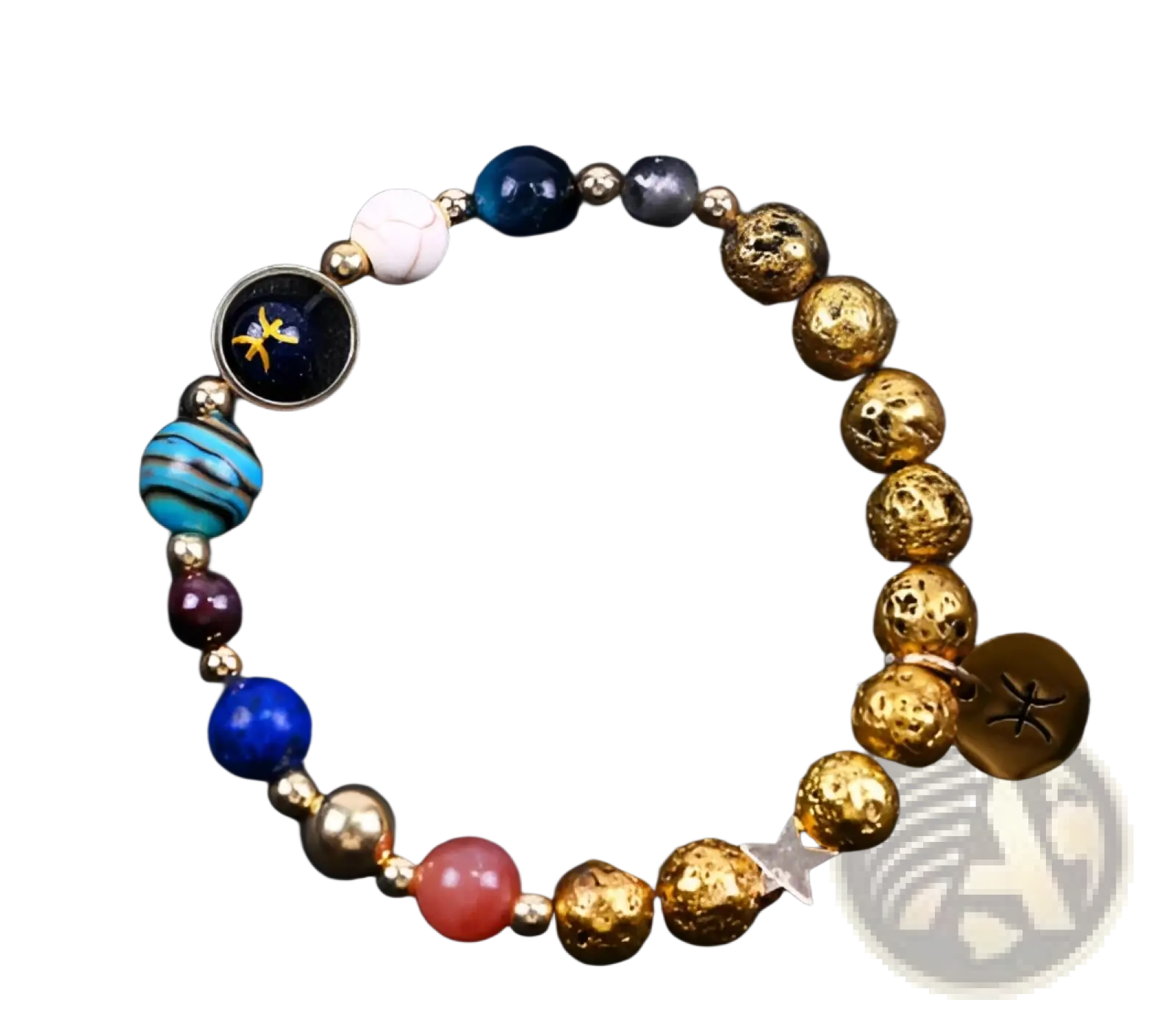 Zodiac volcanic stone beaded bracelet with gold-toned textured spheres and colorful blue red white purple gemstones