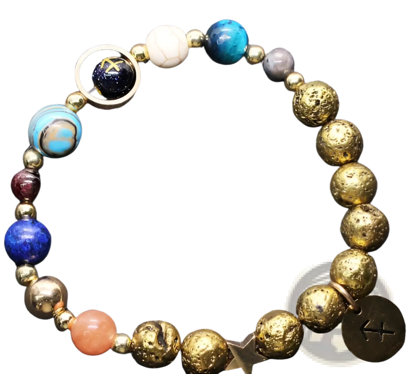 Zodiac volcanic stone beaded bracelet with gold charms featuring lava rock, turquoise, blue gemstones, and marble bead