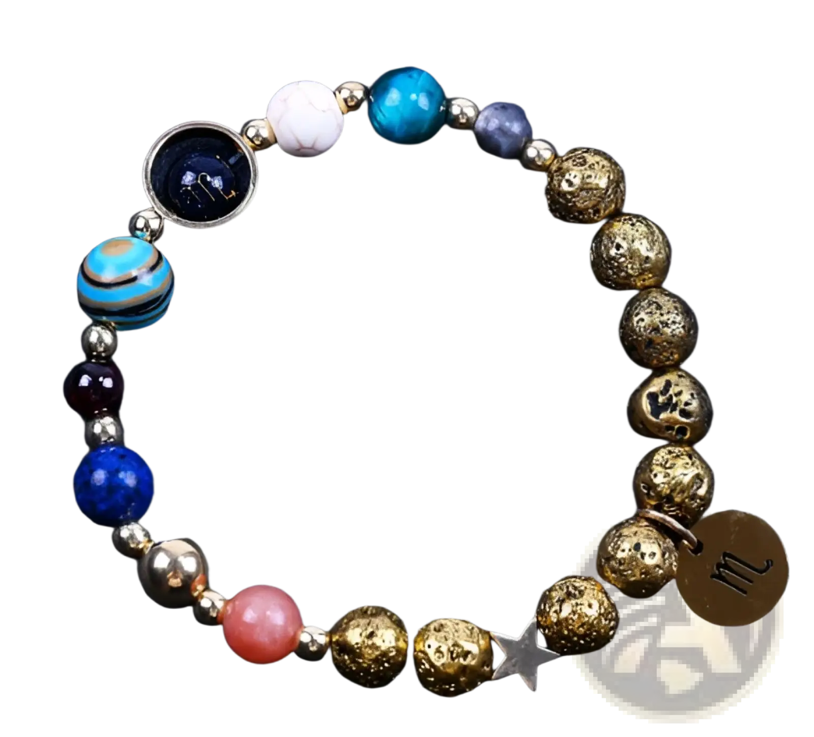 Zodiac volcanic stone beaded bracelet with colorful turquoise, gold and silver charms, and a striped glass bead