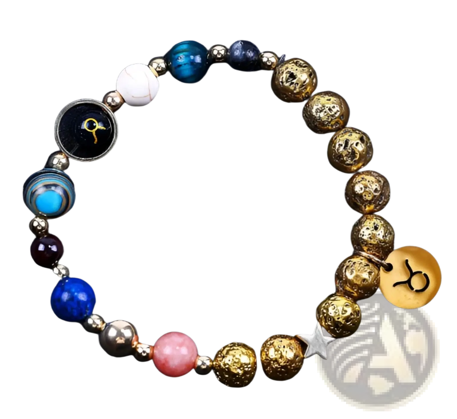 Zodiac volcanic stone beaded bracelet with gold charms featuring celestial blue and pink gemstones and silver star accents