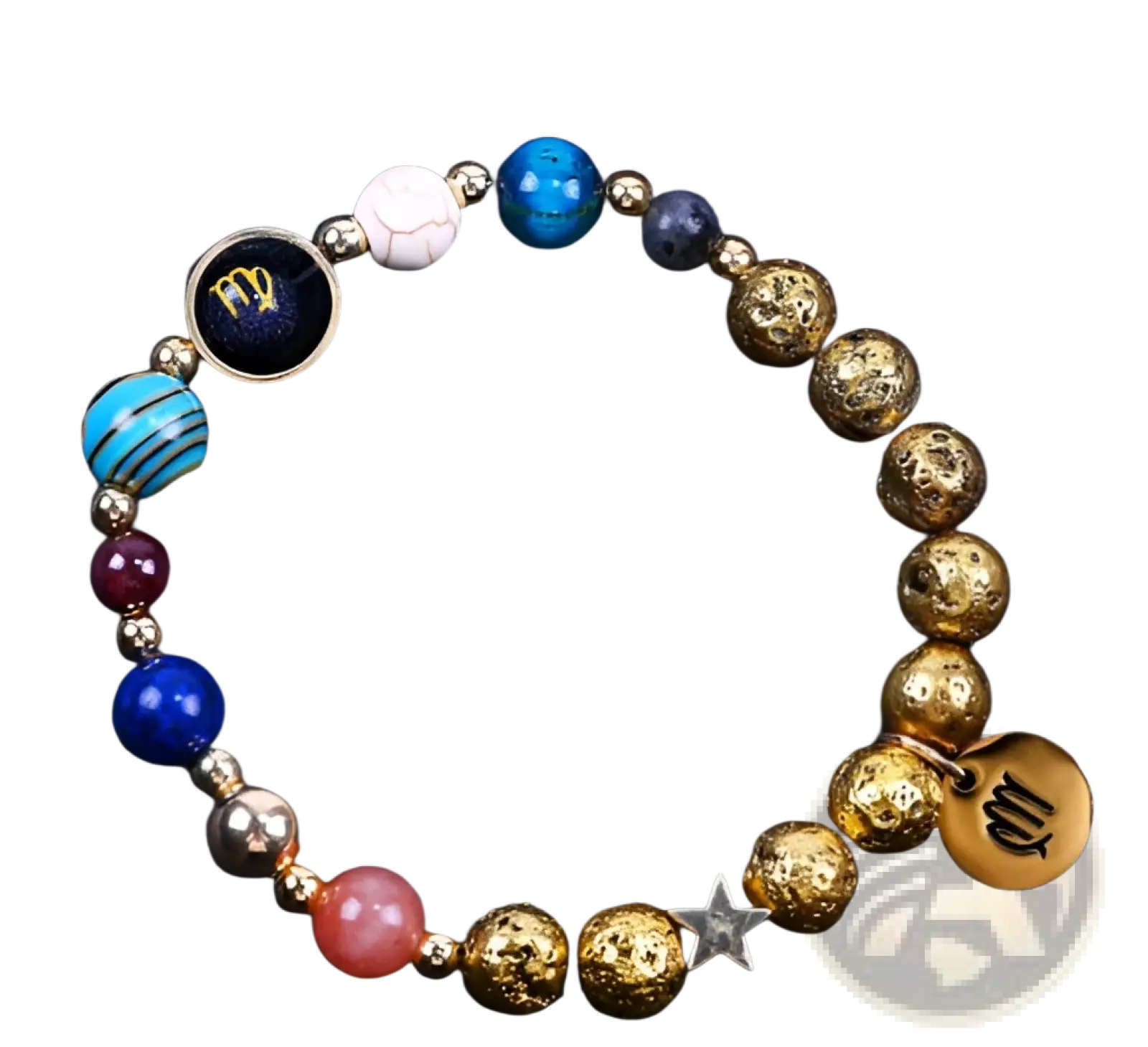 Zodiac volcanic stone beaded bracelet with vibrant gold textured beads, blue and red gemstones, silver star charm, and zodiac pendants