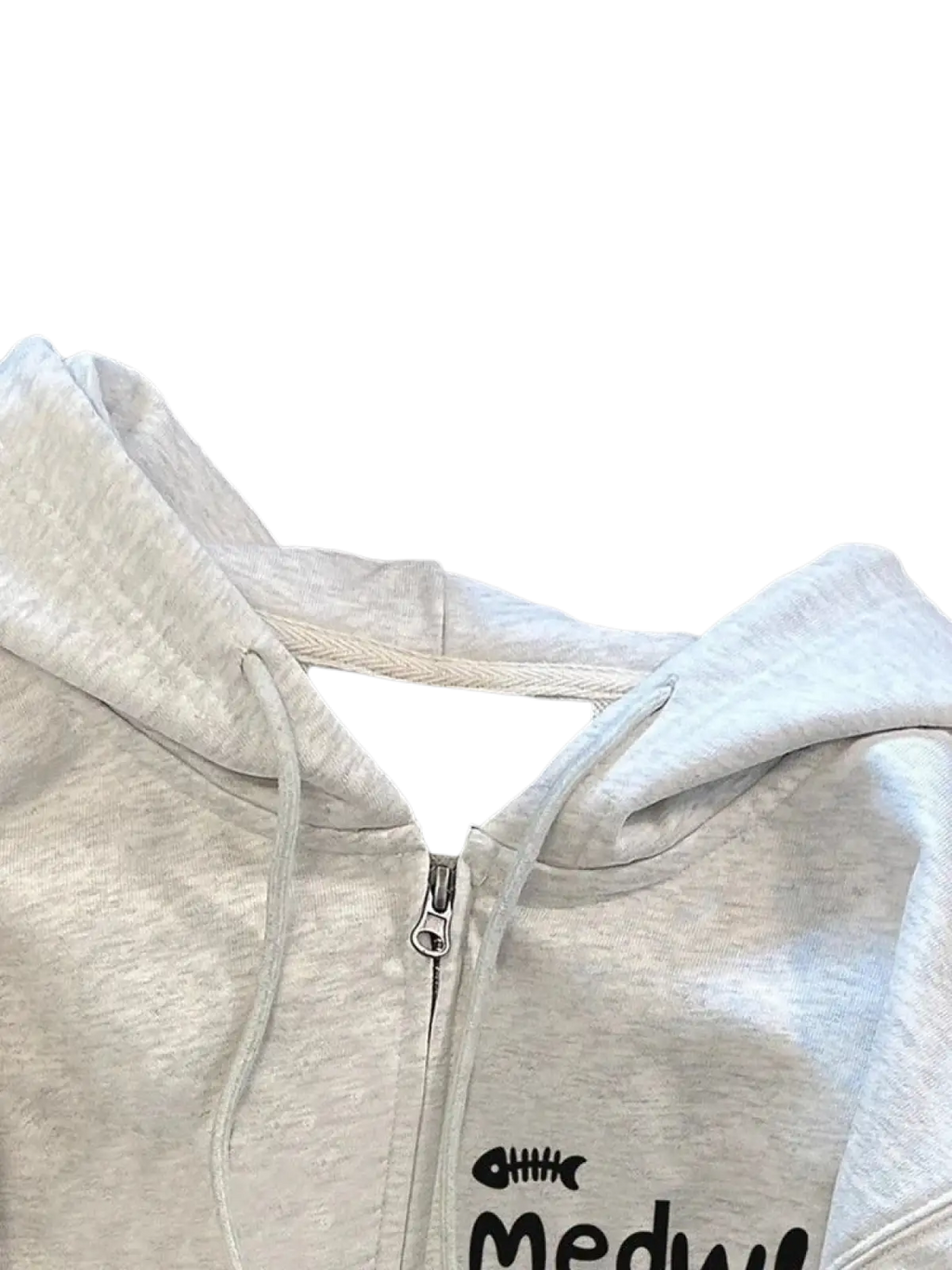 A light gray heathered fleece zip up hoodie for women with a black fishbone graphic and medu text below it
