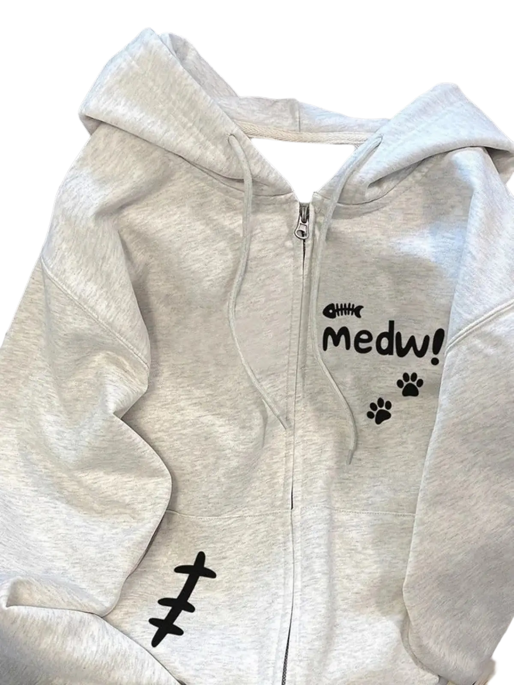 Zoki women cute light gray fleece zip up hoodie with black paw prints and medw front print design