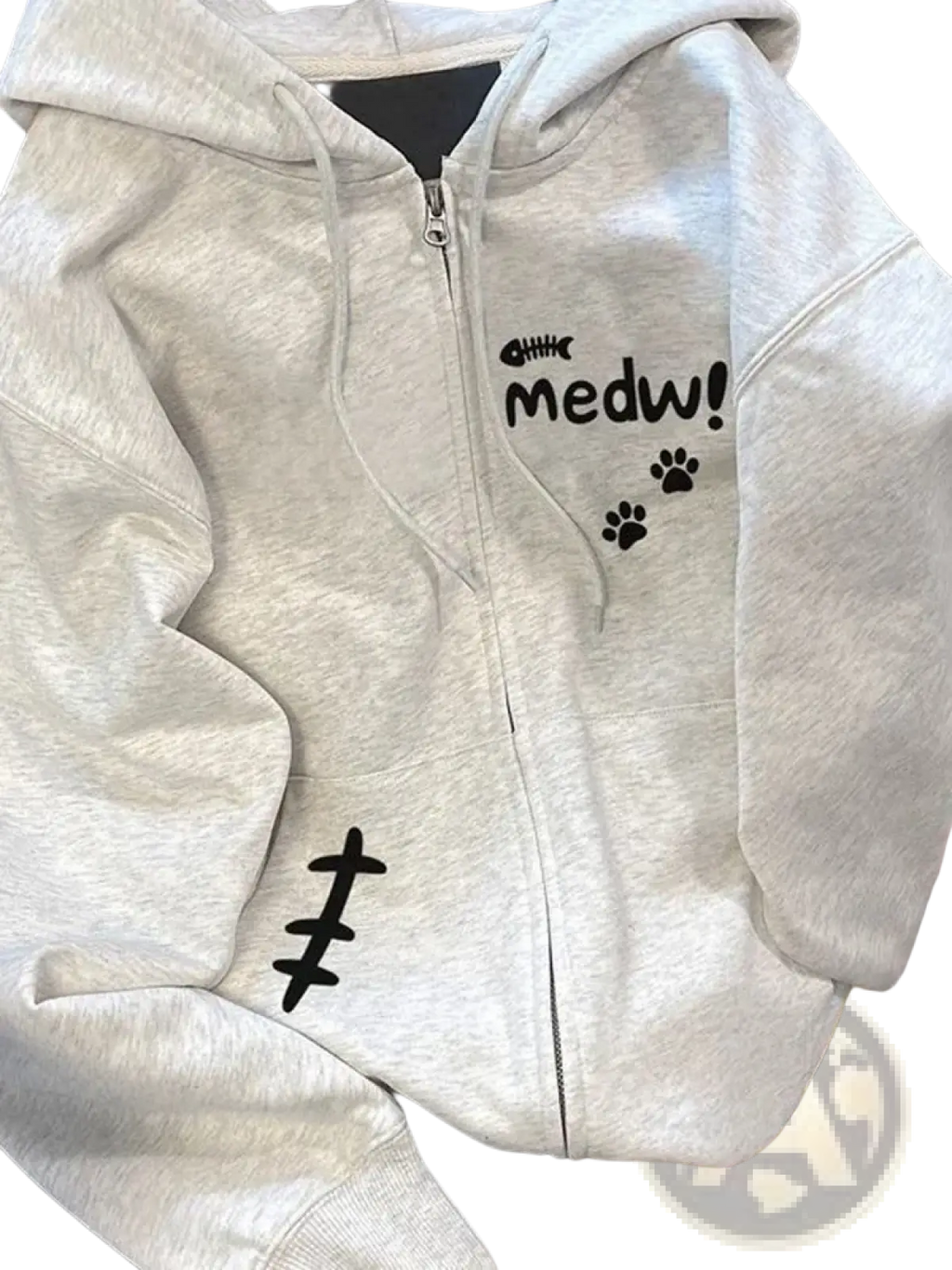 A light gray Zoki women cute zip up hoodie with black embroidered text paw prints and fishbone design on fleece fabric