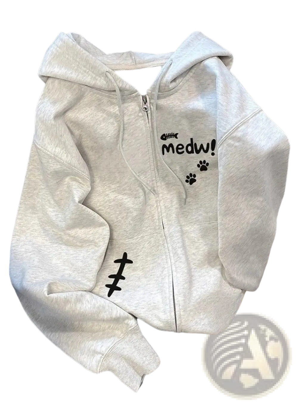 A soft heather gray fleece zip-up hoodie for women featuring a black paw print and medw graphic design by Zoki