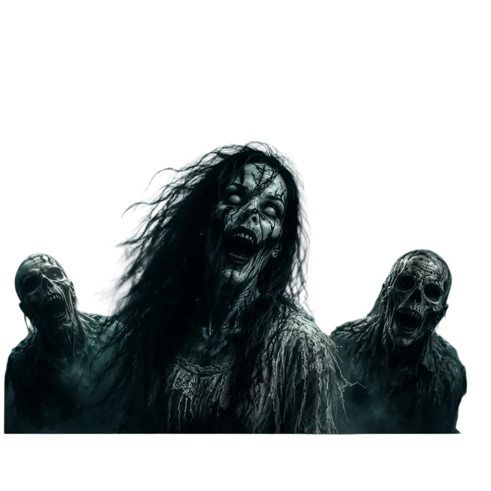 Dark eerie polyester zombie graveyard halloween banner featuring grotesque zombies in a haunted graveyard scene