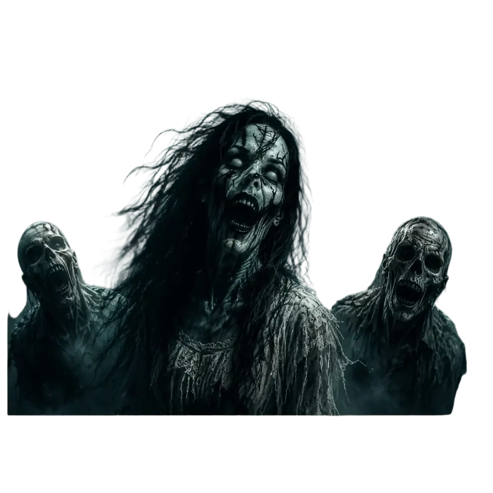 Dark eerie 2d polyester halloween flag banner featuring grotesque zombies in a haunted graveyard scene