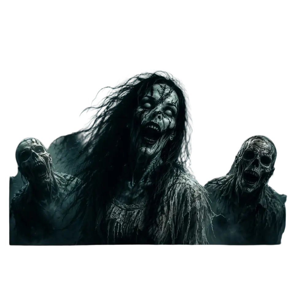 Dark eerie 2d zombie graveyard halloween banner polyester featuring a central zombie woman with undead figures