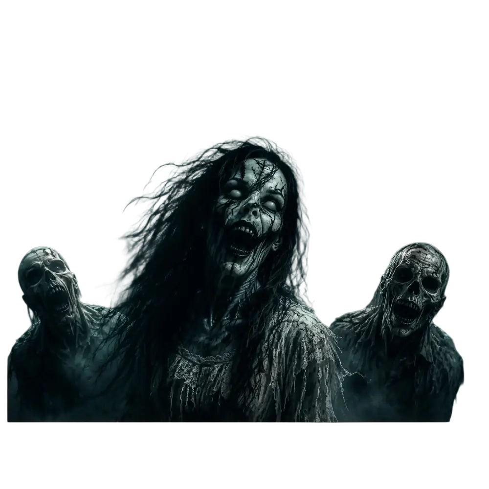 Dark eerie grayscale zombie graveyard halloween banner polyester featuring undead figures in a horror scene
