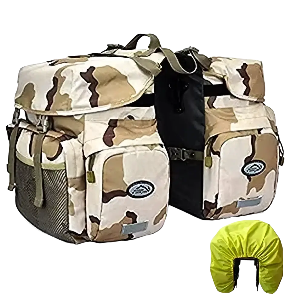 Beige and brown camouflage ztz 50l waterproof dual bicycle pannier bags with mesh pockets and olive green rain cover