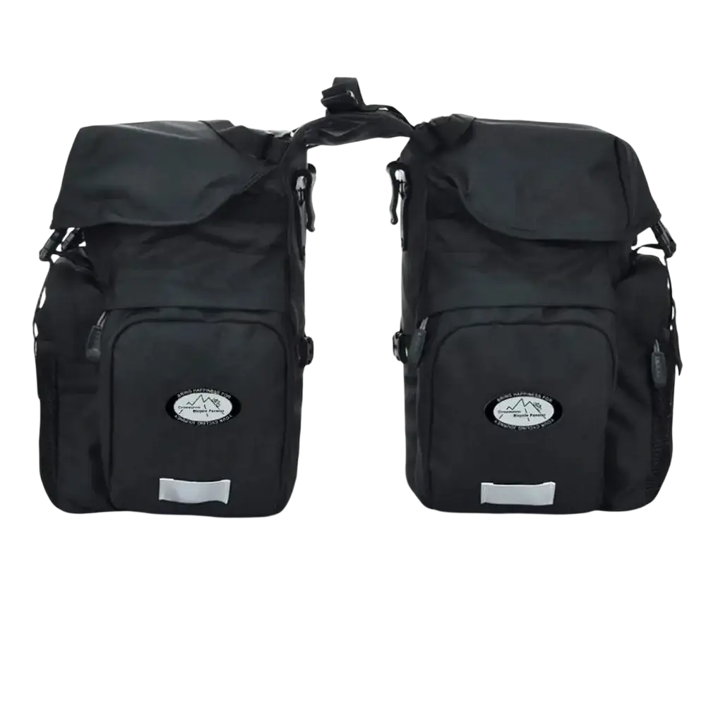 Black ztz 50l waterproof dual bicycle pannier bag with reflective strips and mountain logo fits racks up to 6.3 inches wide