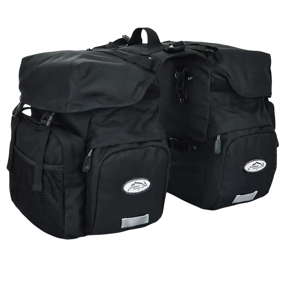 Black Ztz 50l waterproof dual bicycle pannier bags with mesh side pockets, reflective strips, and mountain logo patch