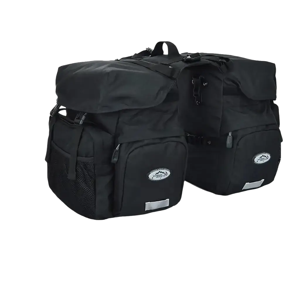 Black ztz 50l waterproof dual bicycle pannier bags with mesh side pockets and reflective strips shown from back side