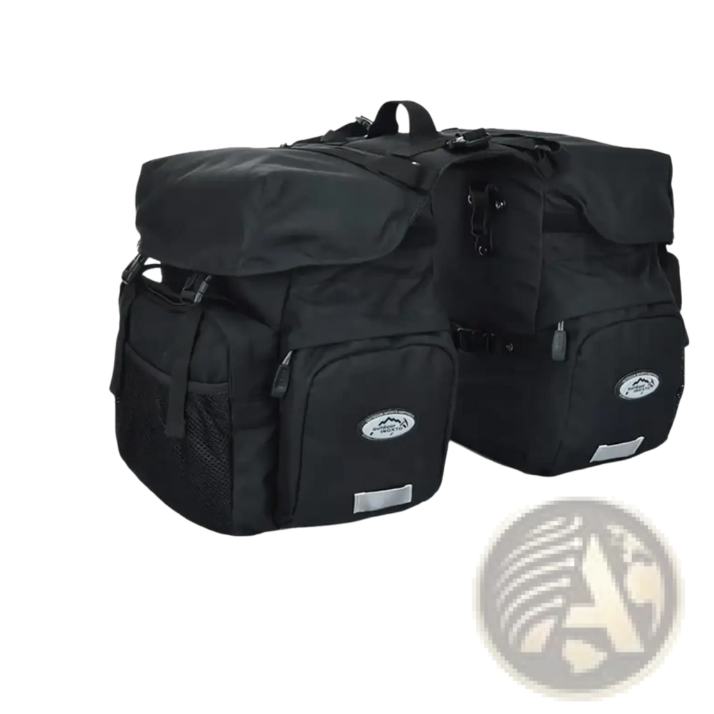 Black ztz 50l waterproof dual bicycle pannier bags with mesh side pockets and reflective strips shown from back side