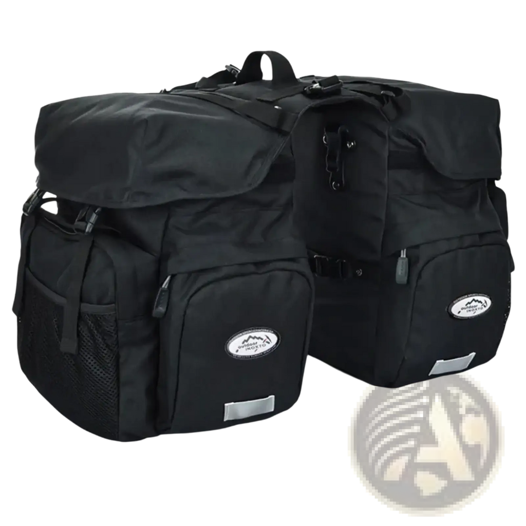 Black Ztz 50l waterproof dual bicycle pannier bags with mesh side pockets, reflective strips, and mountain logo patch