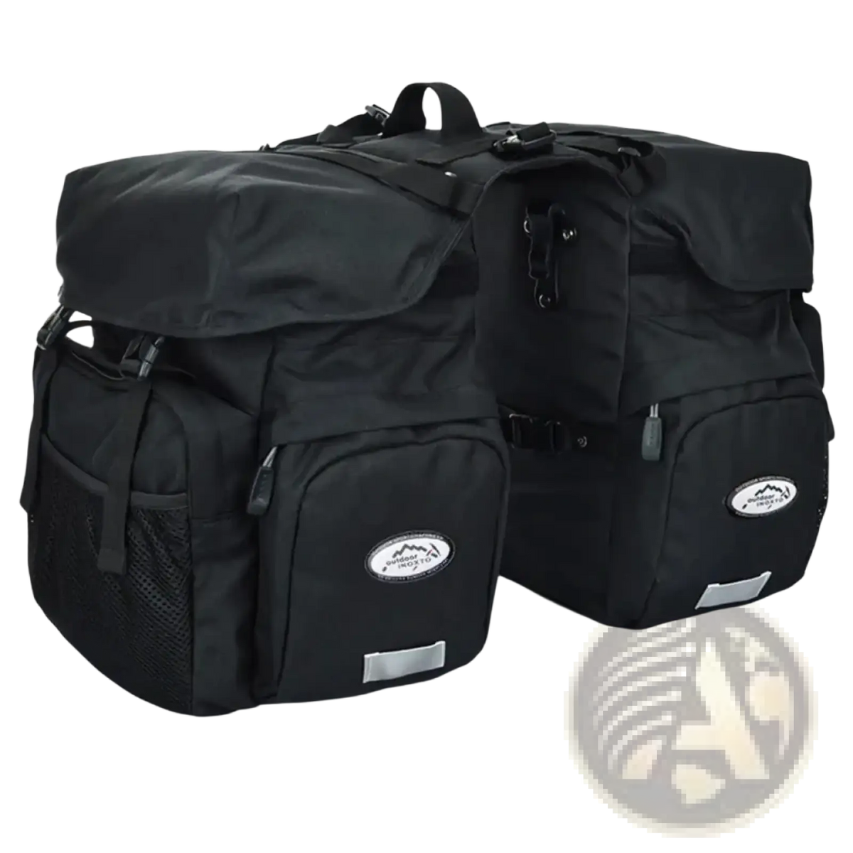 Black Ztz 50l waterproof dual bicycle pannier bags with mesh side pockets, reflective strips, and mountain logo patch