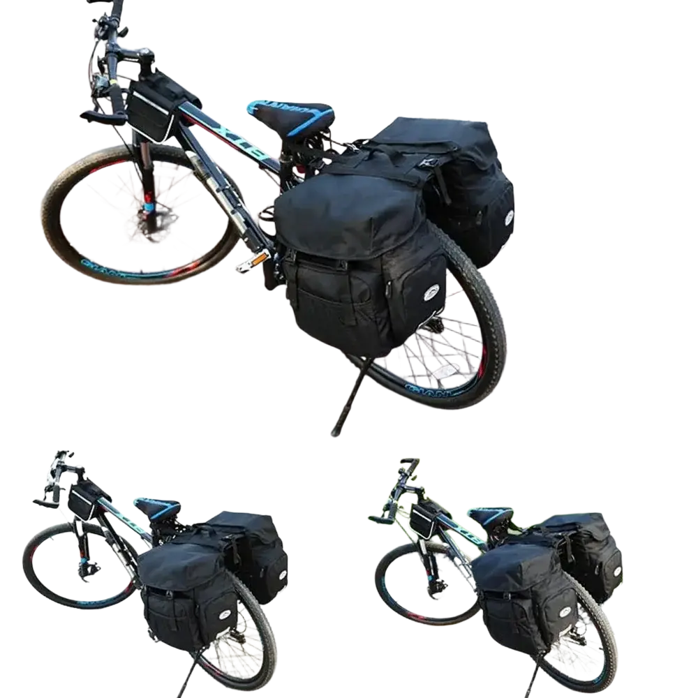 Black ztz 50l waterproof dual bicycle pannier bag with multiple compartments and a small side logo