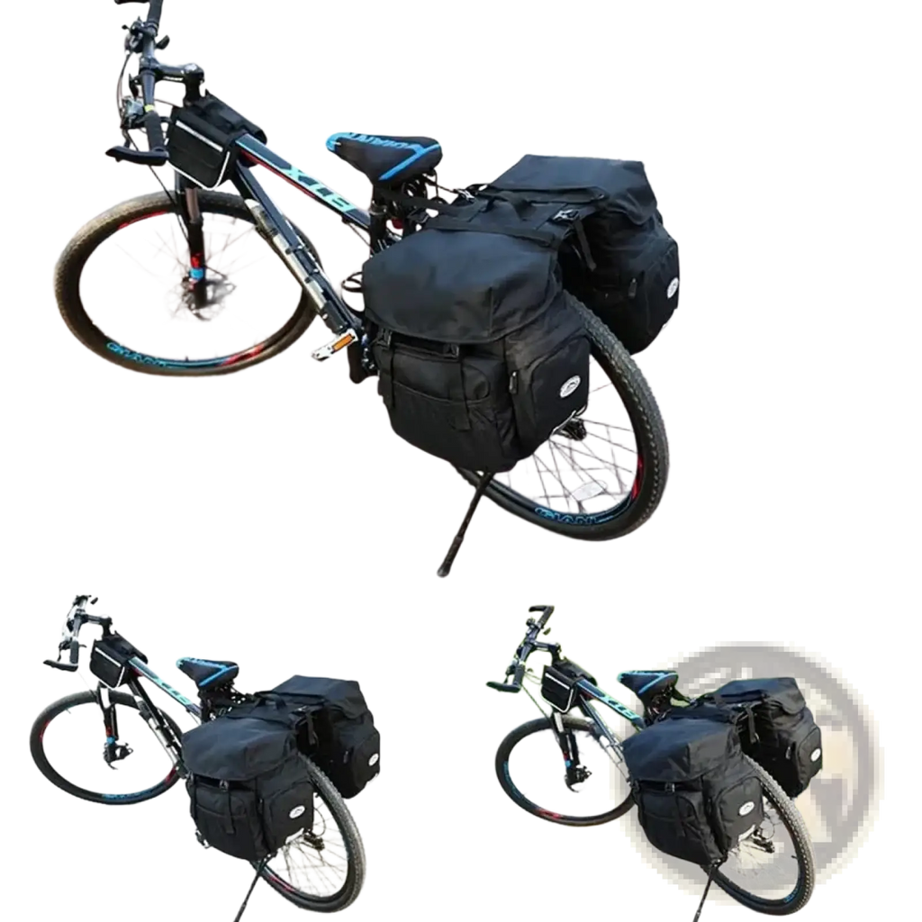 Black ztz 50l waterproof dual bicycle pannier bag with multiple compartments and a small side logo