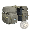Tan and black ztz 50l waterproof dual bicycle pannier bag with mesh side pockets reflective strips and lime green rain cover