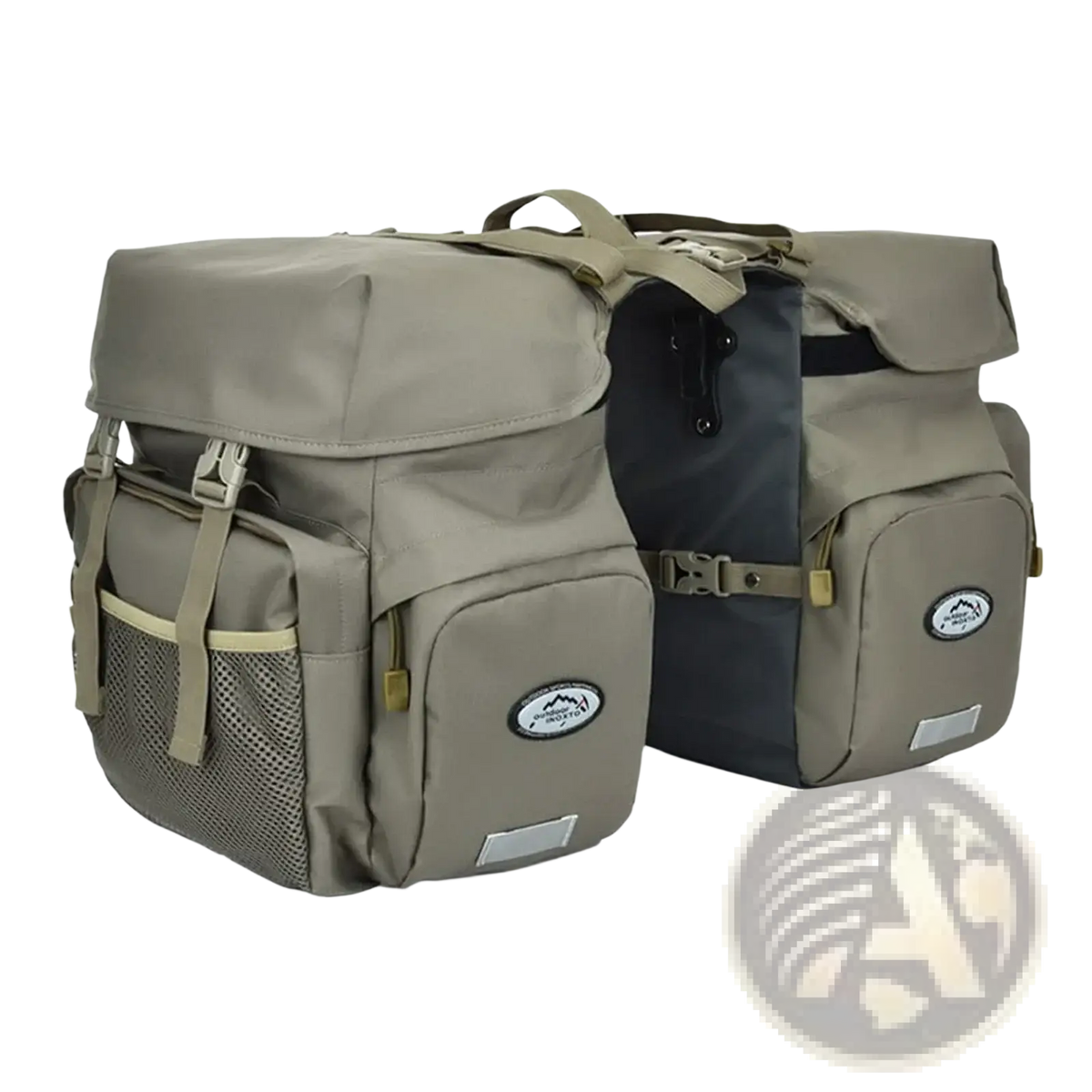 Tan and black ztz 50l waterproof dual bicycle pannier bag with mesh side pockets reflective strips and lime green rain cover