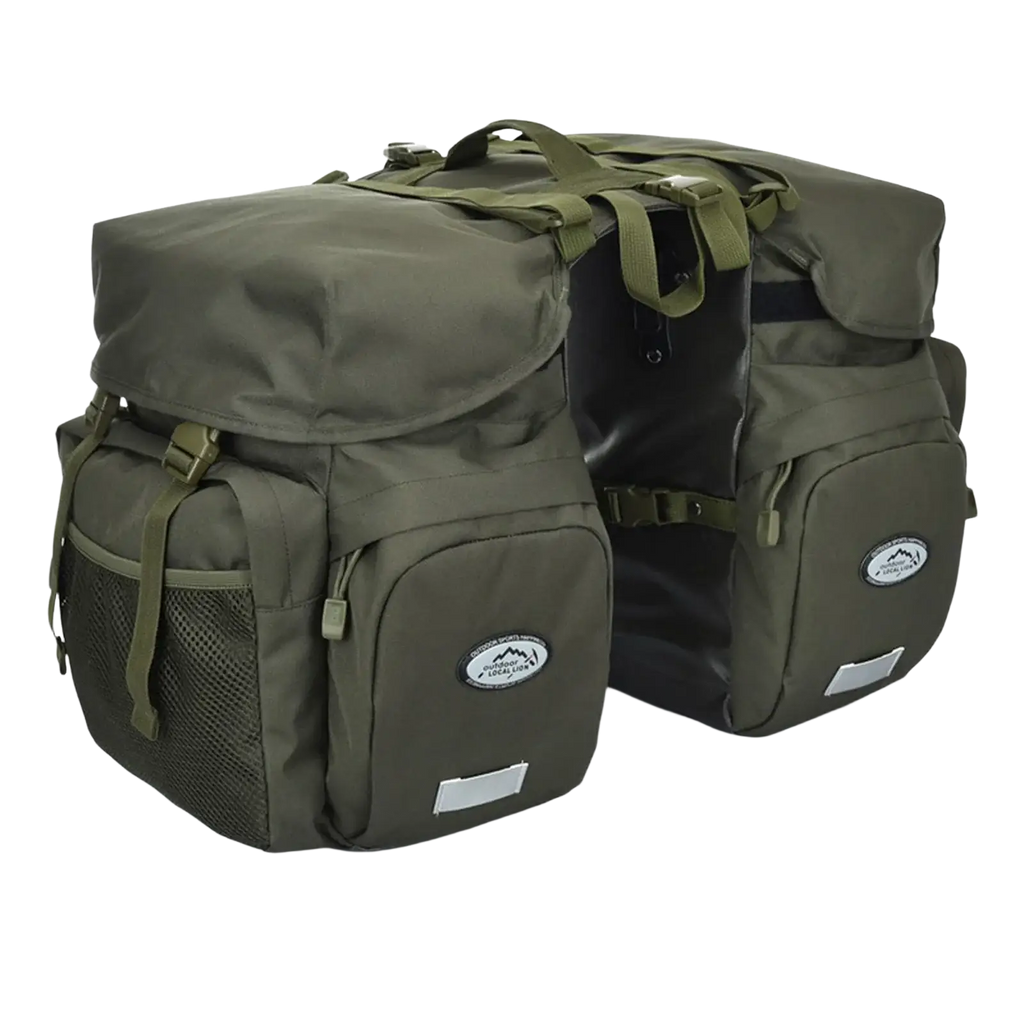 Olive green ztz 50l waterproof dual bicycle pannier bags with mesh side pockets and reflective patches shown from back side