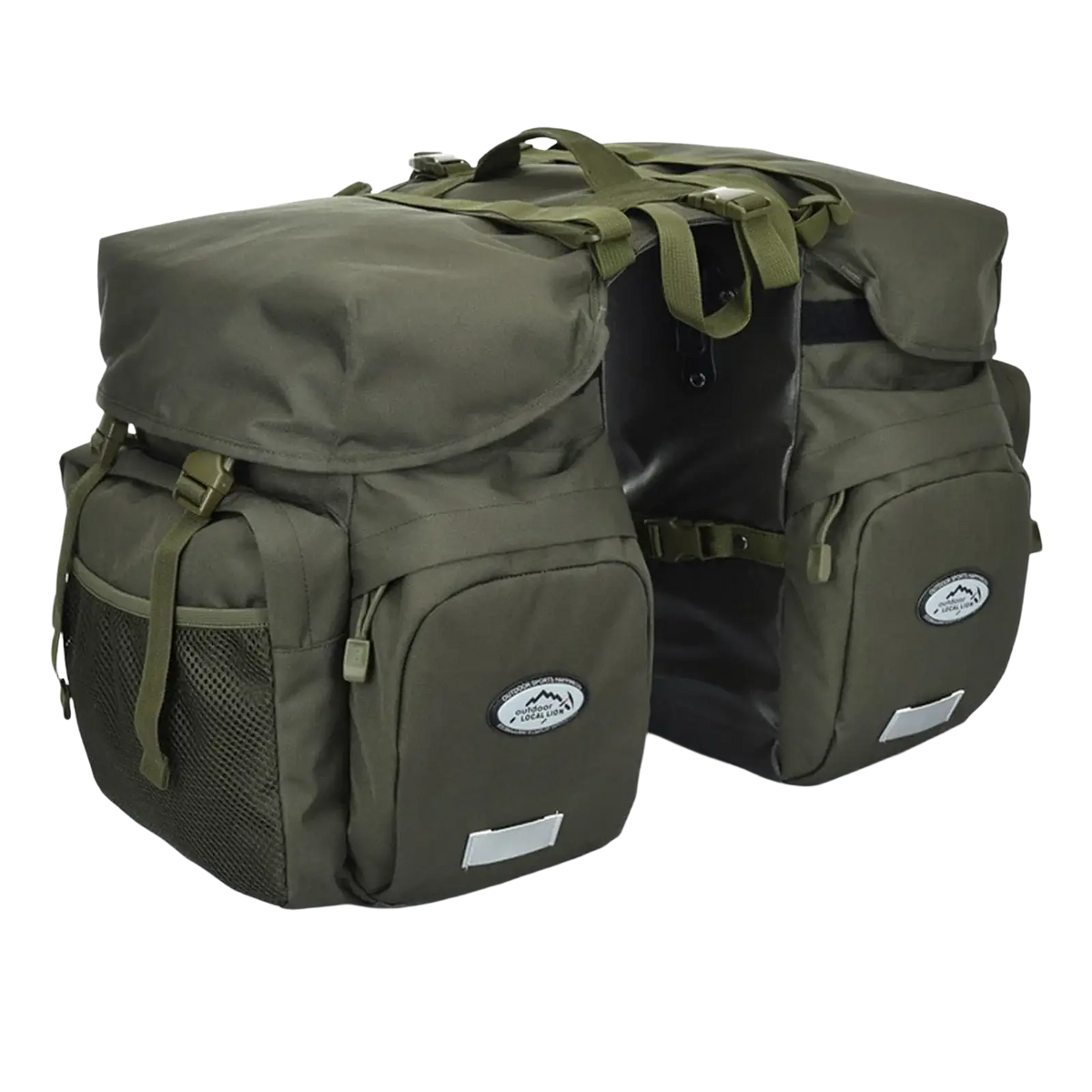 Olive green ztz 50l waterproof dual bicycle pannier bags with mesh side pockets and reflective patches shown from back side