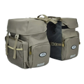 Tan and black ztz 50l waterproof dual bicycle pannier bag with mesh side pockets reflective strips and lime green rain cover